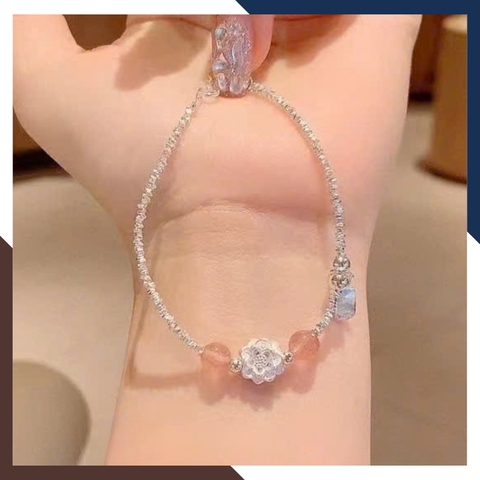 Lắc Tay Nữ Hạt Bạc Vụn Mix Hoa Sen & Đá Thạch Anh Dâu Hồng LTBN125