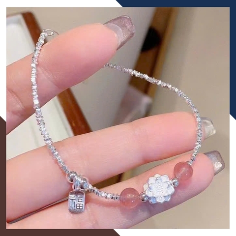 Lắc Tay Nữ Hạt Bạc Vụn Mix Hoa Sen & Đá Thạch Anh Dâu Hồng LTBN125