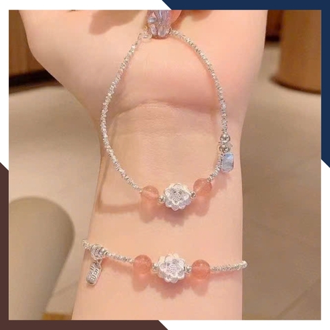 Lắc Tay Nữ Hạt Bạc Vụn Mix Hoa Sen & Đá Thạch Anh Dâu Hồng LTBN125