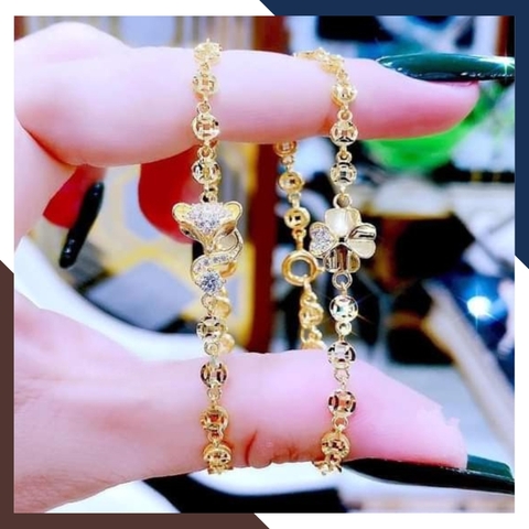 Lắc Tay Vàng Nữ Kim Tiền 10K Phối Charm Cỏ 4 Lá / Hồ Ly / Trái Tim LTVN250 – Sang Trọng, May Mắn, Thu Hút Tài Lộc