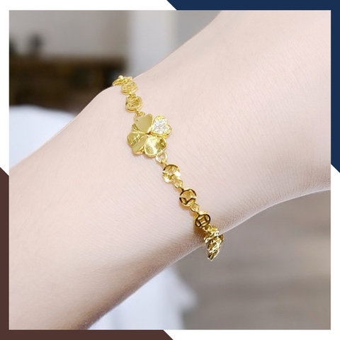Lắc Tay Vàng Nữ Kim Tiền 10K Phối Charm Cỏ 4 Lá / Hồ Ly / Trái Tim LTVN250 – Sang Trọng, May Mắn, Thu Hút Tài Lộc