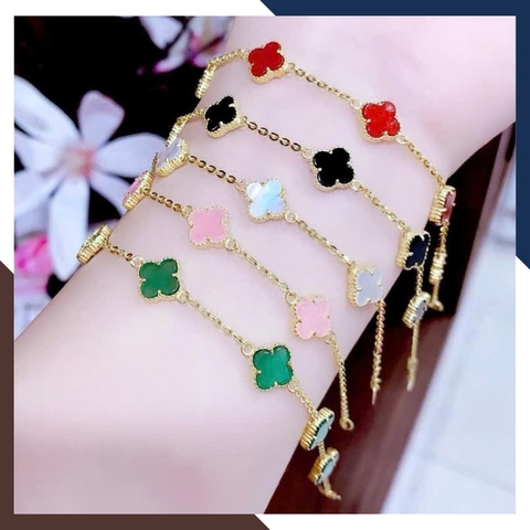 Lắc Tay Vàng Cỏ 4 Lá Đen, Đỏ, Trắng, Xanh, Hồng Cho Nữ LTVN166 | Vàng Tây 10k