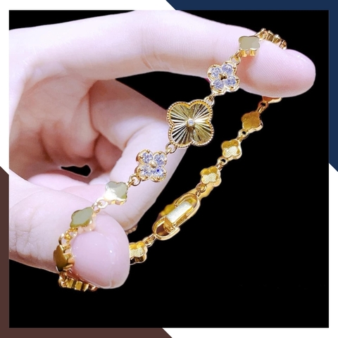 Lắc Tay Vàng Cỏ 4 Lá Đính Đá CZ Cho Nữ LTVN169 | Vàng Tây 10k