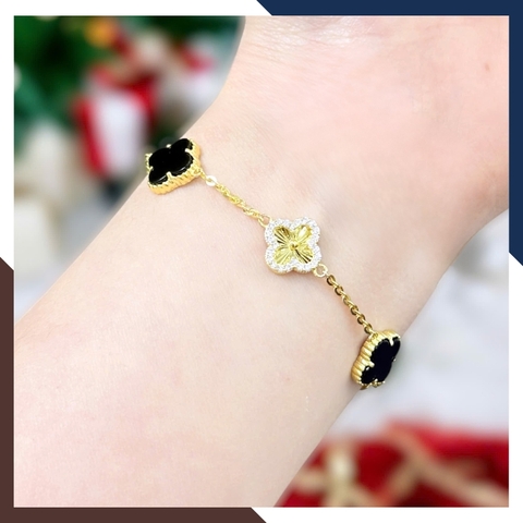 Lắc Tay Vàng Cỏ 4 Lá Đính Đá Mã Não10mm Cho Nữ LTVN180 | Vàng Tây 10k