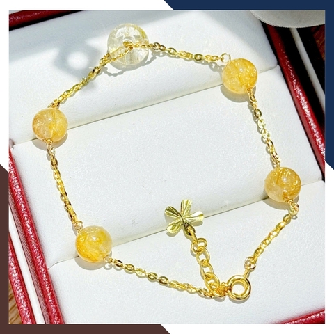 Lắc tay vàng nữ 10K gắn 5 hạt thạch anh tóc tự nhiên LTVN236 – phù hợp mệnh Kim Mộc Thủy Thổ