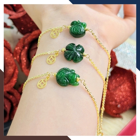 Lắc tay vàng nữ 10k mix tỳ hưu – hồ ly – cỏ 4 lá – túi tiền đá phong thuỷ LTVN222