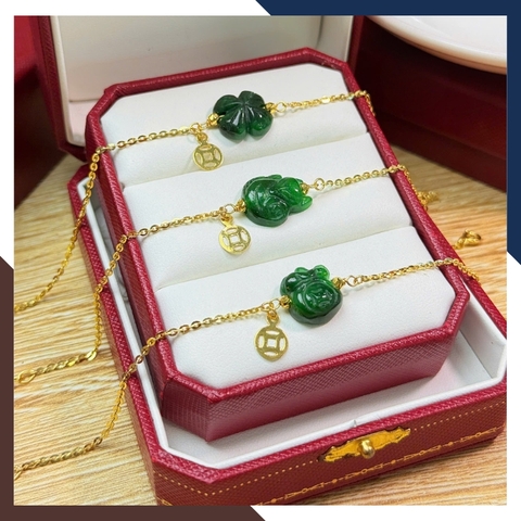 Lắc tay vàng nữ 10k mix tỳ hưu – hồ ly – cỏ 4 lá – túi tiền đá phong thuỷ LTVN222