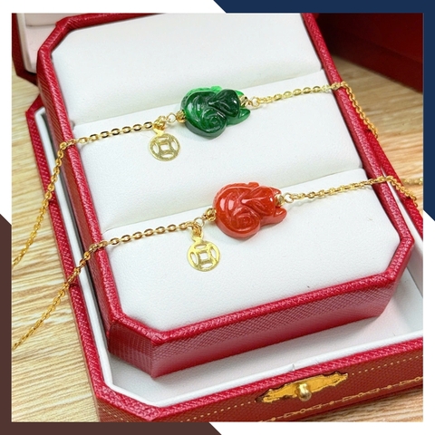 Lắc tay vàng nữ 10k mix tỳ hưu – hồ ly – cỏ 4 lá – túi tiền đá phong thuỷ LTVN222