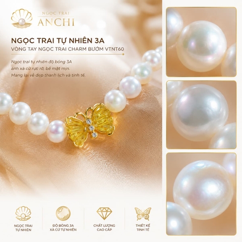 Vòng Tay Ngọc Trai Charm Bướm VTNT60 Bạc 925 Mạ Vàng – Ngọc Trai Tự Nhiên Thanh Lịch Cho Nữ