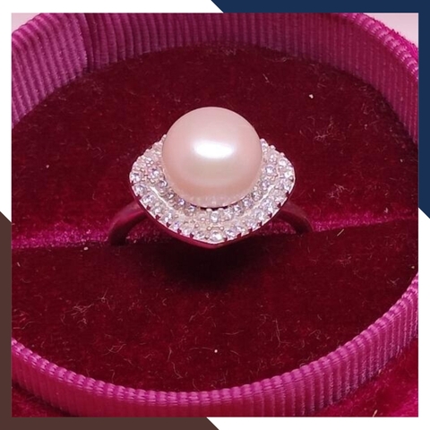 Nhẫn bạc đính ngọc trai thật 9-10mm mặt vuông đính đá cho nữ đẹp mã KN75TD910