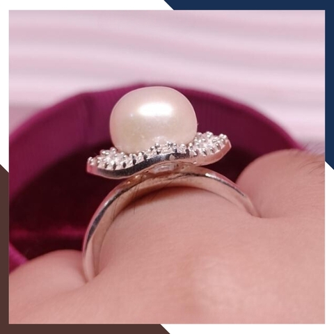 Nhẫn bạc đính ngọc trai thật 9-10mm mặt vuông đính đá cho nữ đẹp mã KN75TD910