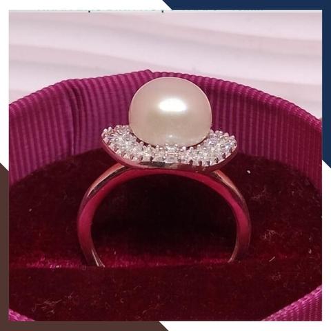 Nhẫn bạc đính ngọc trai thật 9-10mm mặt vuông đính đá cho nữ đẹp mã KN75TD910