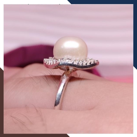 Nhẫn bạc đính ngọc trai thật 9-10mm mặt vuông đính đá cho nữ đẹp mã KN75TD910