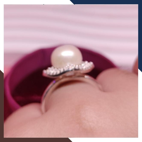 Nhẫn bạc đính ngọc trai thật 9-10mm mặt vuông đính đá cho nữ đẹp mã KN75TD910