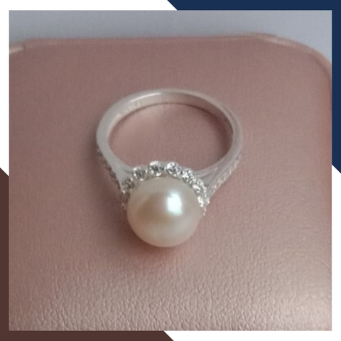 Nhẫn bạc đính ngọc trai thật nuôi nước ngọt 8-9mm viền đính đá cho nữ đẹp mã KN55TD89