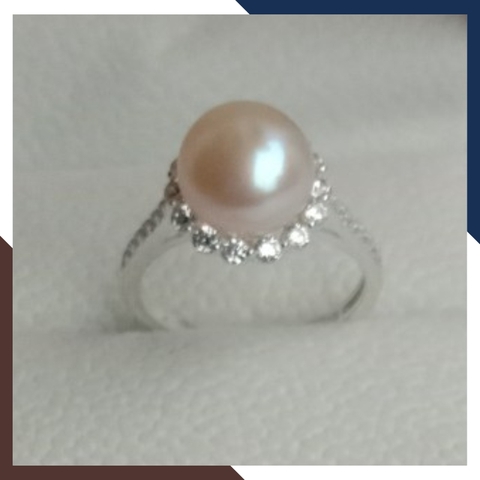 Nhẫn bạc đính ngọc trai thật nuôi nước ngọt 8-9mm viền đính đá cho nữ đẹp mã KN55TD89