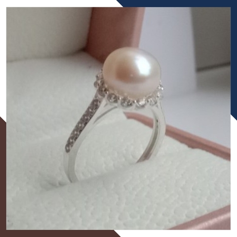 Nhẫn bạc đính ngọc trai thật nuôi nước ngọt 8-9mm viền đính đá cho nữ đẹp mã KN55TD89