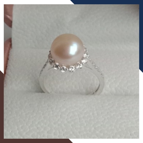 Nhẫn bạc đính ngọc trai thật nuôi nước ngọt 9-10mm viền đính đá đẹp cho nữ KN55TD910
