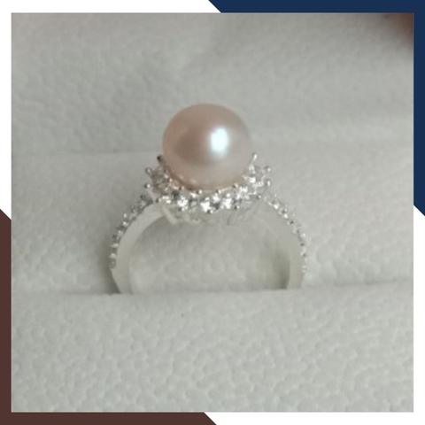 Nhẫn bạc đính ngọc trai thật nuôi nước ngọt 9-10mm viền đính đá đẹp cho nữ KN55TD910
