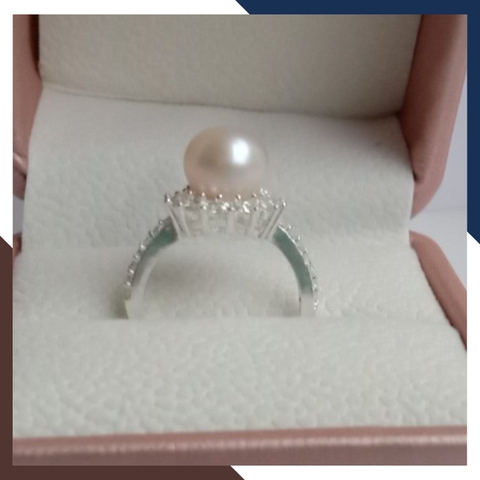 Nhẫn bạc đính ngọc trai thật nuôi nước ngọt 9-10mm viền đính đá đẹp cho nữ KN55TD910