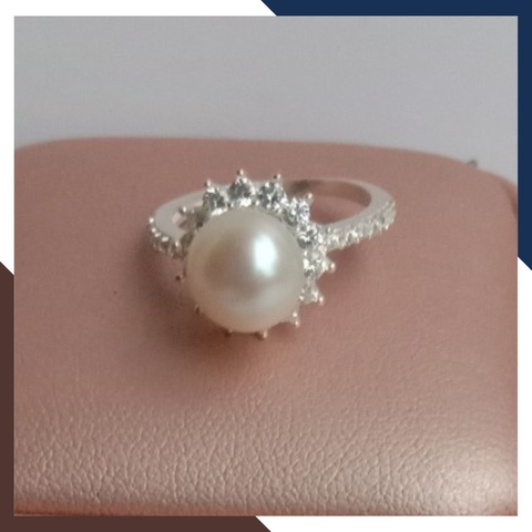 Nhẫn bạc đính ngọc trai thật nuôi nước ngọt 9-10mm viền đính đá đẹp cho nữ KN55TD910