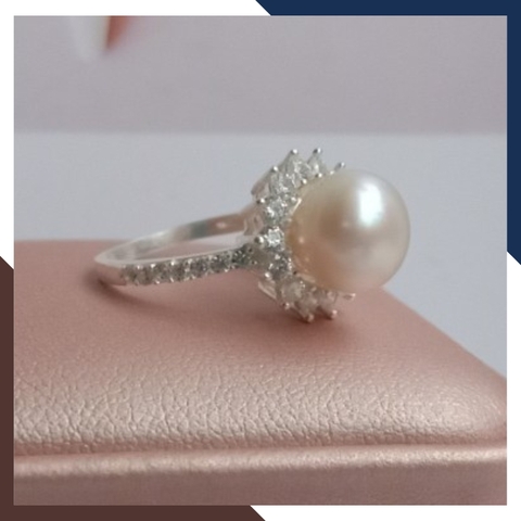 Nhẫn bạc đính ngọc trai thật nuôi nước ngọt 9-10mm viền đính đá đẹp cho nữ KN55TD910