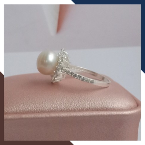 Nhẫn bạc đính ngọc trai thật nuôi nước ngọt 9-10mm viền đính đá đẹp cho nữ KN55TD910