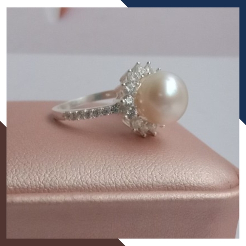 Nhẫn bạc đính ngọc trai thật nuôi nước ngọt 9-10mm viền đính đá đẹp cho nữ KN55TD910