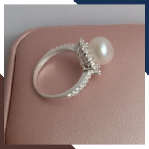 Nhẫn bạc đính ngọc trai thật nuôi nước ngọt 9-10mm viền đính đá đẹp cho nữ KN55TD910