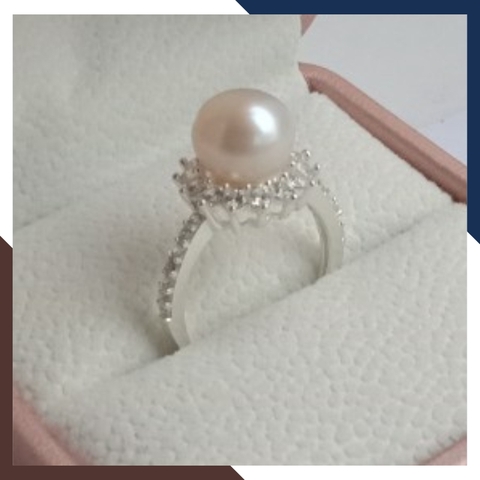 Nhẫn bạc đính ngọc trai thật nuôi nước ngọt 9-10mm viền đính đá đẹp cho nữ KN55TD910