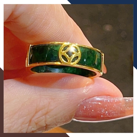 Nhẫn cẩm thạch bọc vàng 10k có kiểm định type A đẹp cho nam nữ mệnh mộc, mệnh hỏa mã AC1330