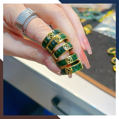 Nhẫn cẩm thạch bọc vàng 10k có kiểm định type A đẹp cho nam nữ mệnh mộc, mệnh hỏa mã AC1330