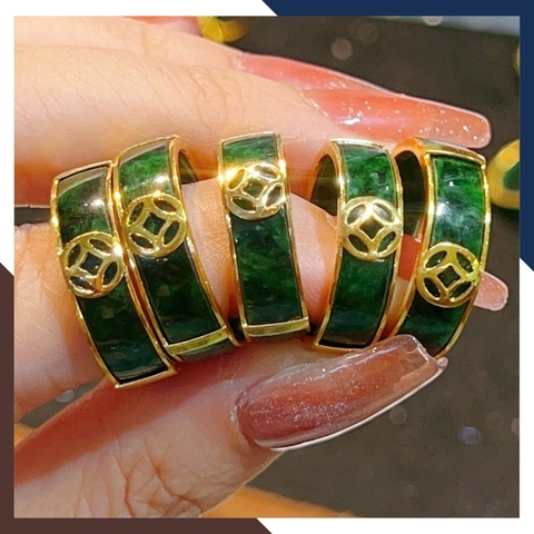 Nhẫn cẩm thạch bọc vàng 10k có kiểm định type A đẹp cho nam nữ mệnh mộc, mệnh hỏa mã AC1330