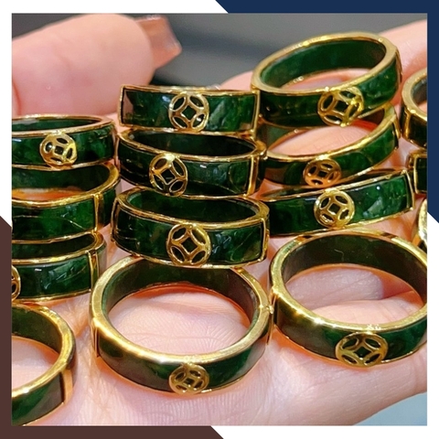 Nhẫn cẩm thạch bọc vàng 10k có kiểm định type A đẹp cho nam nữ mệnh mộc, mệnh hỏa mã AC1330