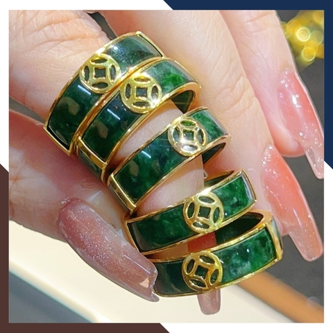 Nhẫn cẩm thạch bọc vàng 10k có kiểm định type A đẹp cho nam nữ mệnh mộc, mệnh hỏa mã AC1330