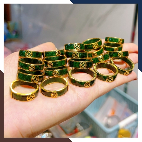 Nhẫn cẩm thạch bọc vàng 10k có kiểm định type A đẹp cho nam nữ mệnh mộc, mệnh hỏa mã AC1330