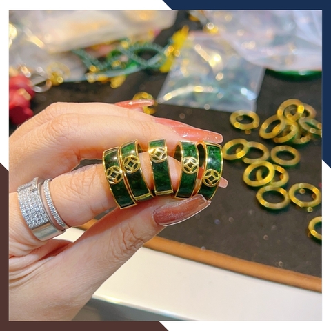 Nhẫn cẩm thạch bọc vàng 10k có kiểm định type A đẹp cho nam nữ mệnh mộc, mệnh hỏa mã AC1330