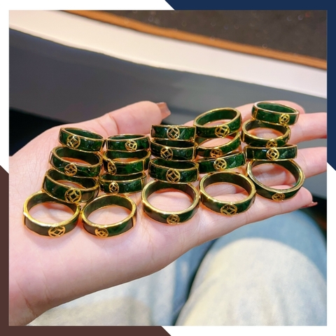 Nhẫn cẩm thạch bọc vàng 10k có kiểm định type A đẹp cho nam nữ mệnh mộc, mệnh hỏa mã AC1330