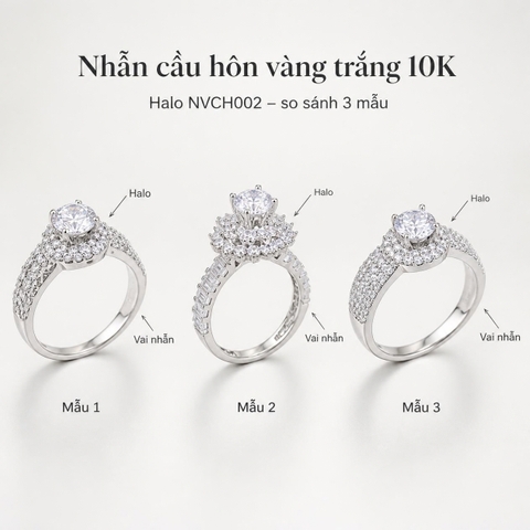 Nhẫn Cầu Hôn Vàng Trắng 10K Halo NVCH002 – 3 Mẫu Thiết Kế