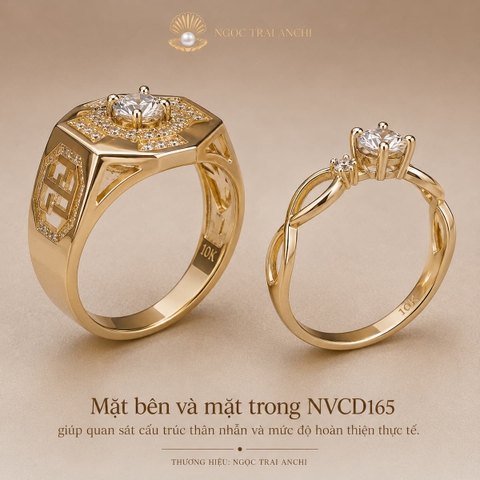 Cặp Nhẫn Cưới Vàng Tây 10K NVCD165 – Đính Đá, Nam Bản Lớn, Nữ Thanh Mảnh