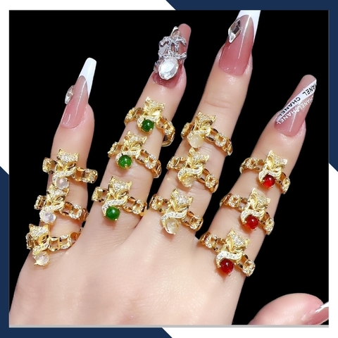 Nhẫn kim tiền hồ ly lộc kép, nhẫn hồ ly kim tiền vàng tây 10k ngậm ngọc cho nữ mã M80TL54