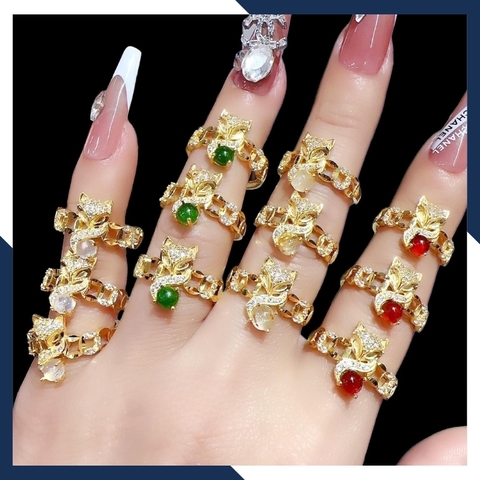 Nhẫn kim tiền hồ ly lộc kép, nhẫn hồ ly kim tiền vàng tây 10k ngậm ngọc cho nữ mã M80TL54