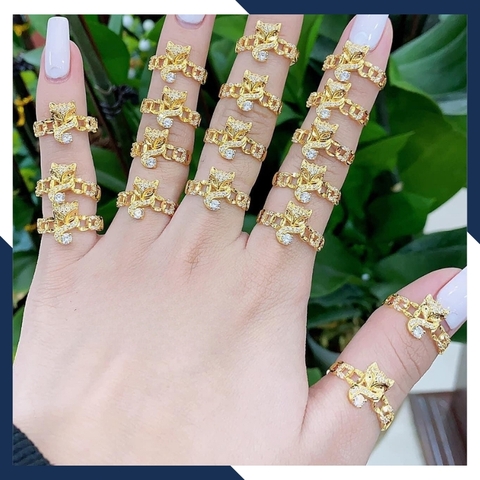 Nhẫn kim tiền hồ ly lộc kép, nhẫn hồ ly kim tiền vàng tây 10k ngậm ngọc cho nữ mã M80TL54