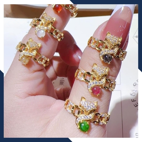 Nhẫn kim tiền hồ ly lộc kép, nhẫn hồ ly kim tiền vàng tây 10k ngậm ngọc cho nữ mã M80TL54