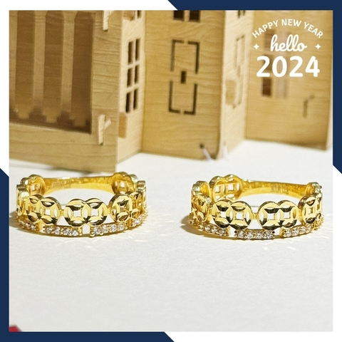 Nhẫn vàng kim tiền, nhẫn kim tiền vàng tây 10k đính đá cho nữ mã 1435TL48