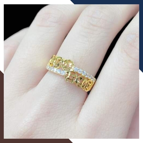 Nhẫn kim tiền vàng tây 10k, nhẫn đồng tiền 2 vòng đính đá cho nữ ngày vía thần tài mã TL40