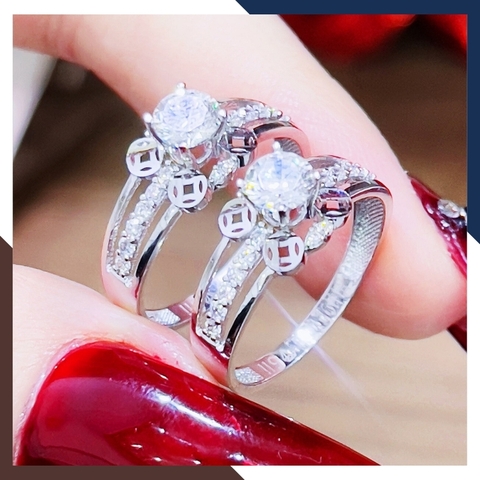 Nhẫn kim tiền vàng trắng 10k đính đá đẹp cho nữ AC1391