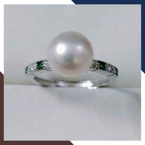 Nhẫn Ngọc Trai Đơn Giản Đính Đá Xanh Cho Nữ Đẹp NNT27 | Ngọc Trai Thật