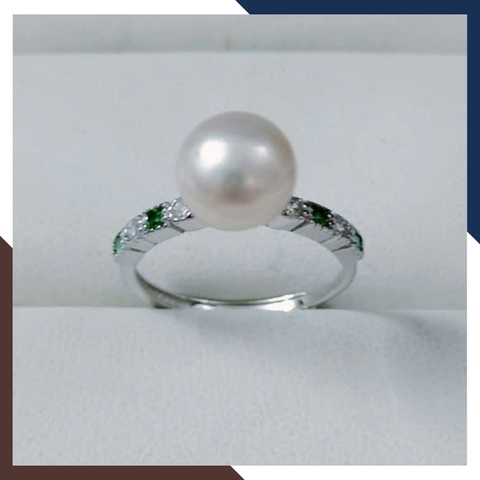 Nhẫn Ngọc Trai Đơn Giản Đính Đá Xanh Cho Nữ Đẹp NNT27 | Ngọc Trai Thật