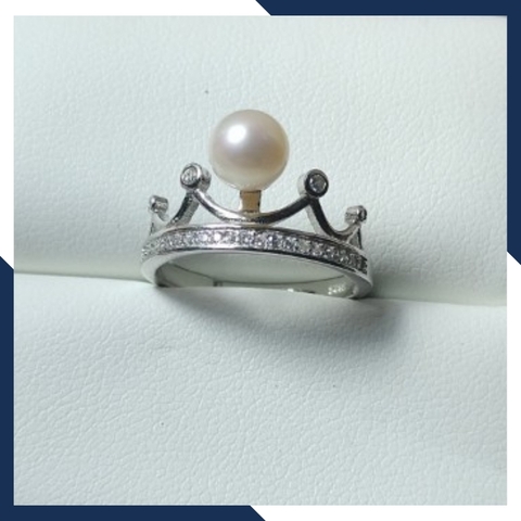 Nhẫn ngọc trai thật bằng bạc ý xi bạch kim hình vương miện cho nữ mã K110TT89